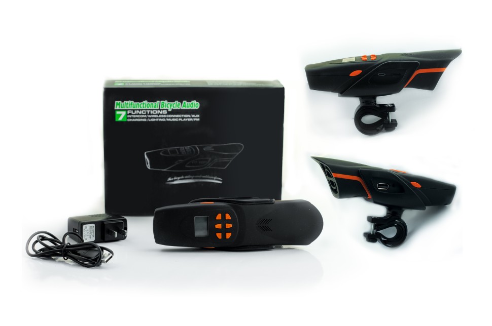 Аудиосистема велосипедная на руль (влагостойкая, фонарик, рация, МР3/USB/SD/Bluetooth/FM-радио) тип 1