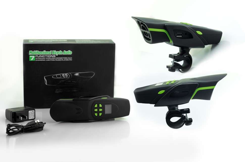 Аудиосистема велосипедная на руль (влагостойкая, фонарик, рация, МР3/USB/SD/Bluetooth/FM-радио) тип 2
